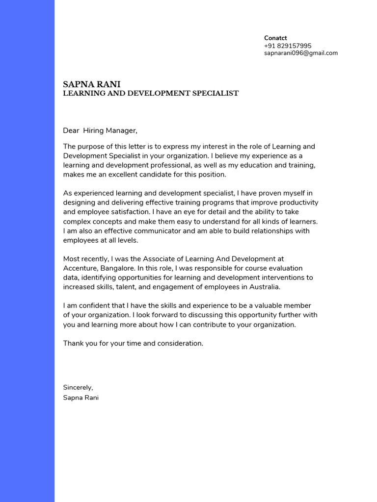 Cover Letter Sapna Rani | PDF