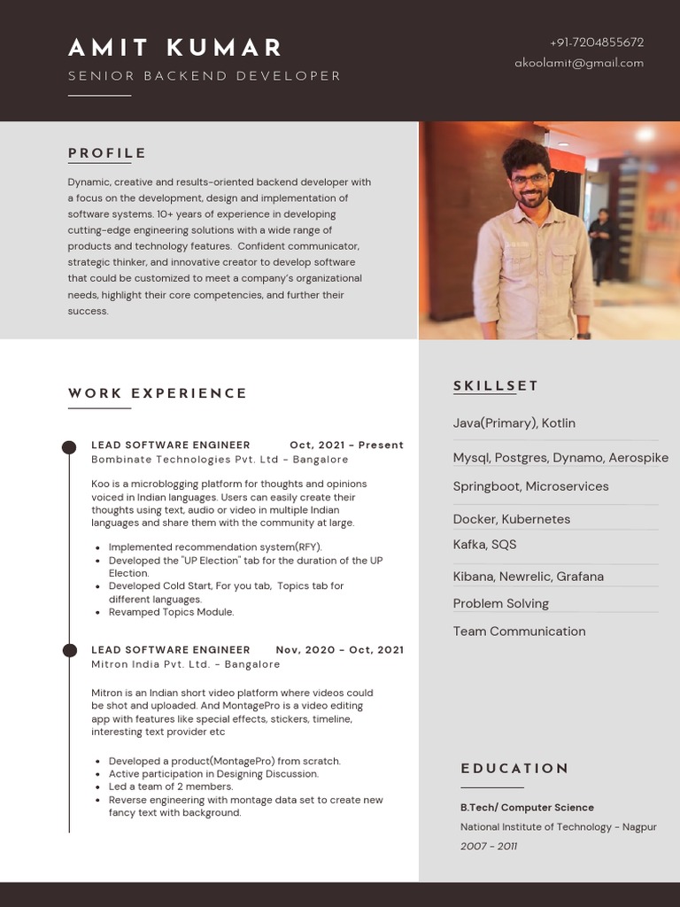 Senior backend developer resume highlighting 10 years of experience
