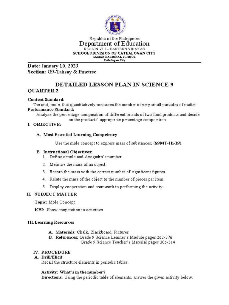 Lesson Plan in Jan. 10 Mole Concept Grade 9 | PDF | Mole (Unit) | Molecules