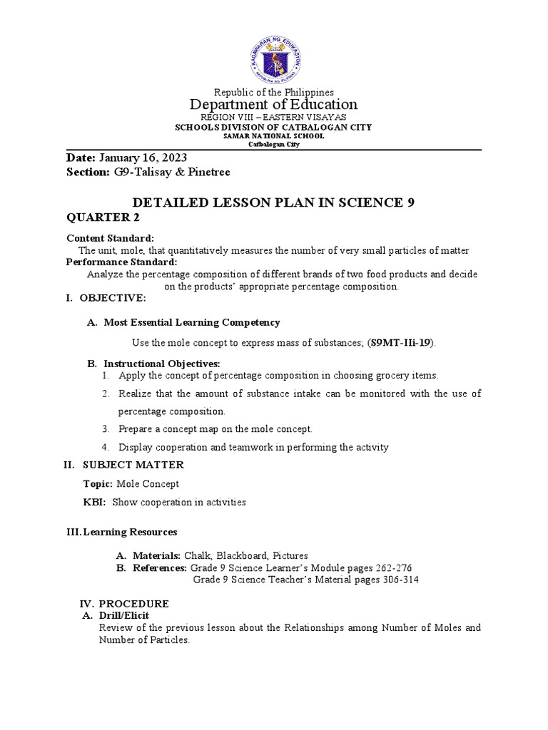Lesson Plan in Jan. 16 Mole Concept Grade 9 | PDF | Mole (Unit) | Ammonium