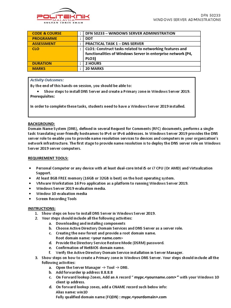 Dns server installation and primary zone configuration in windows
