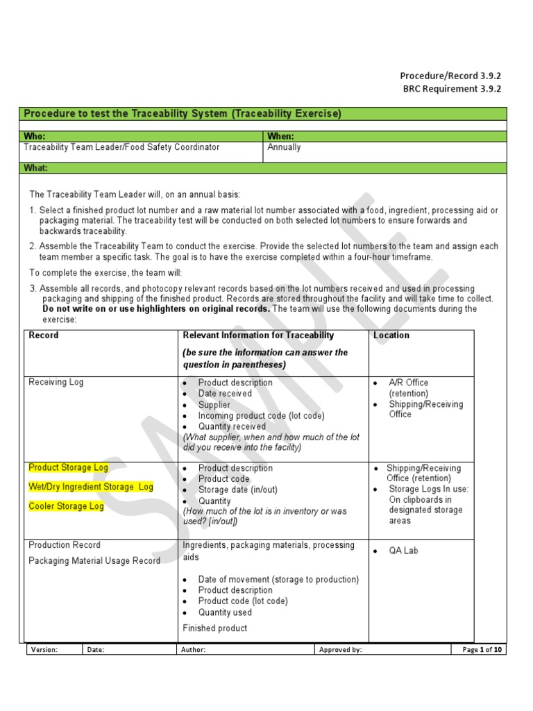 BRC 3.9.2 Trace Exercise Sample | PDF | Packaging And Labeling | Supply ...