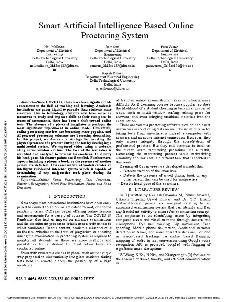 Smart Artificial Intelligence Based Online Proctoring System PDF