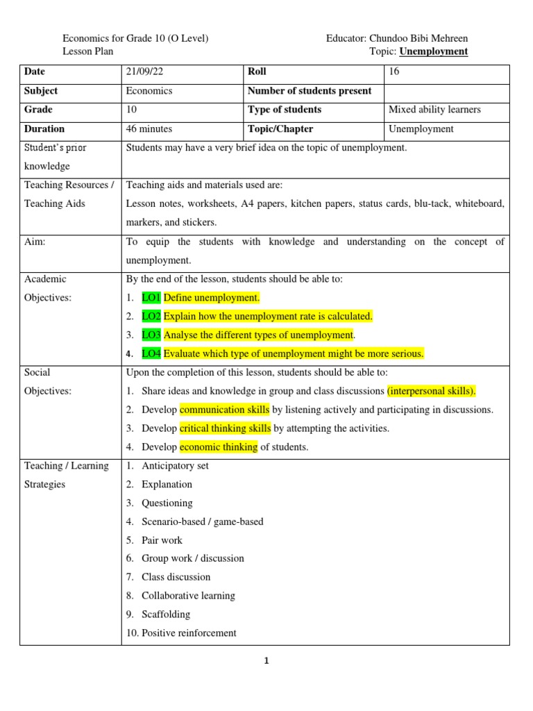 Analyzing Types Of Unemployment A Lesson Plan On Unemployment For