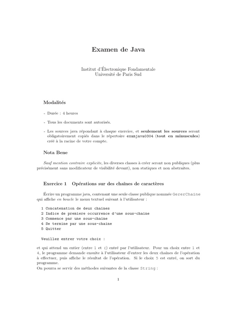 Examen Java : Exercices et Modalités | PDF | Java (Langage de ...