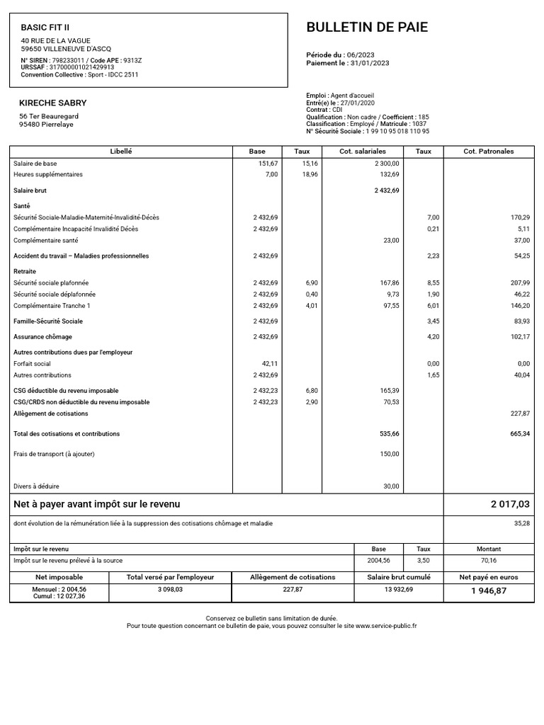 Bulletin de paie - Janvier 2023 | PDF | Impôt sur le revenu | Salaires
