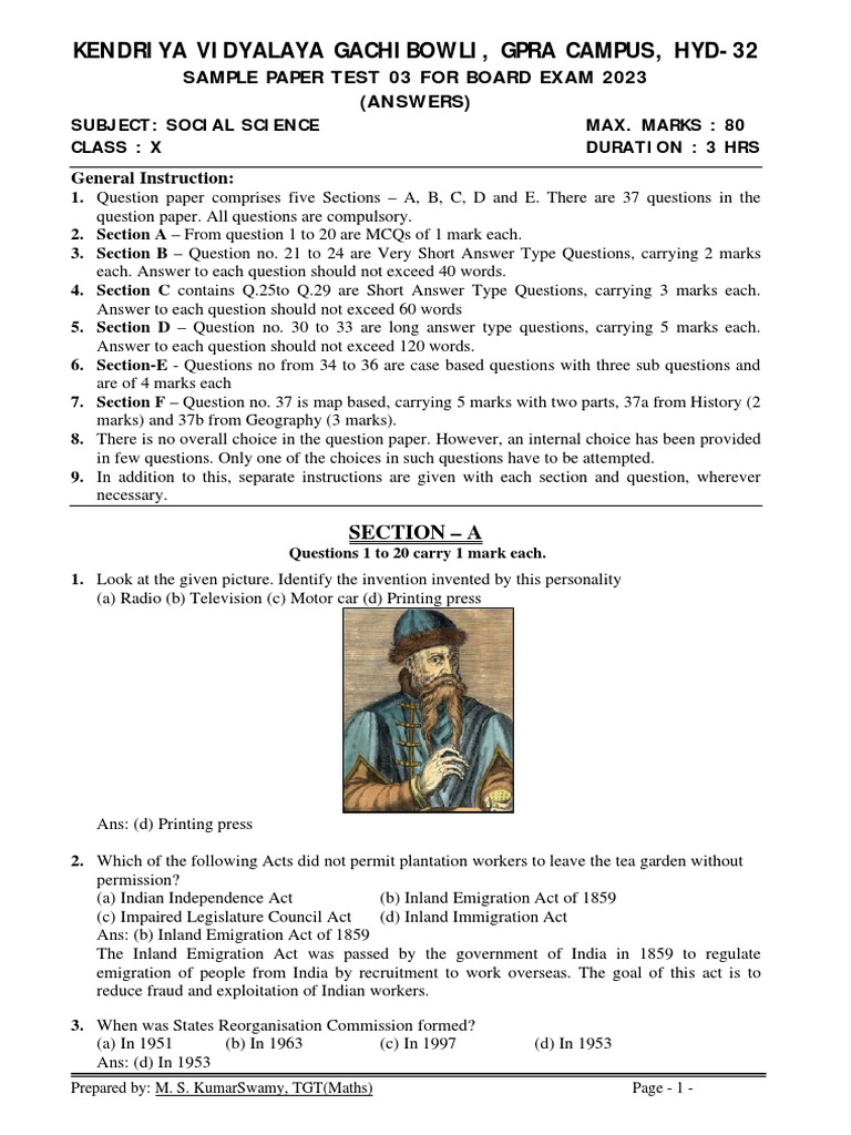 Social Science Class X Sample Paper Test 03 For Board Exam 2023 Answers