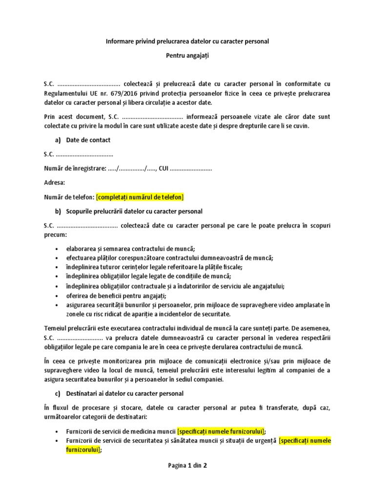 Informare Privind Prelucrarea Datelor Cu Caracter Personal Pentru ...