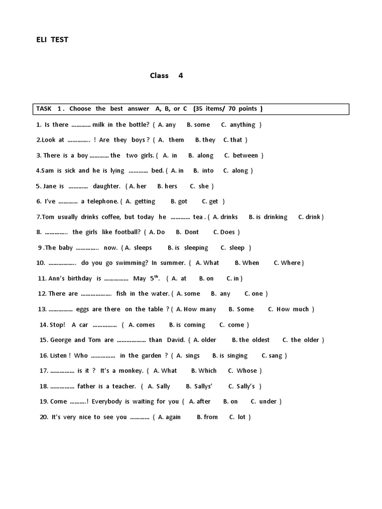 English A1 Unit 5 Class Test | PDF