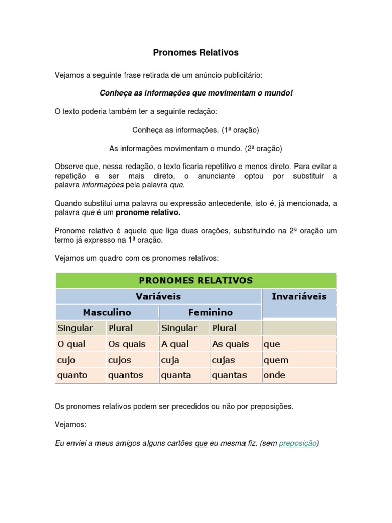 Pronomes Relativos Em Pdf Pronome Gramática