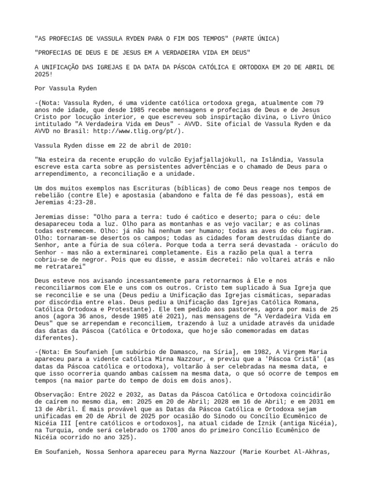 As Profecias de Vassula Ryden em A Verdadeira Vida em Deus | PDF ...