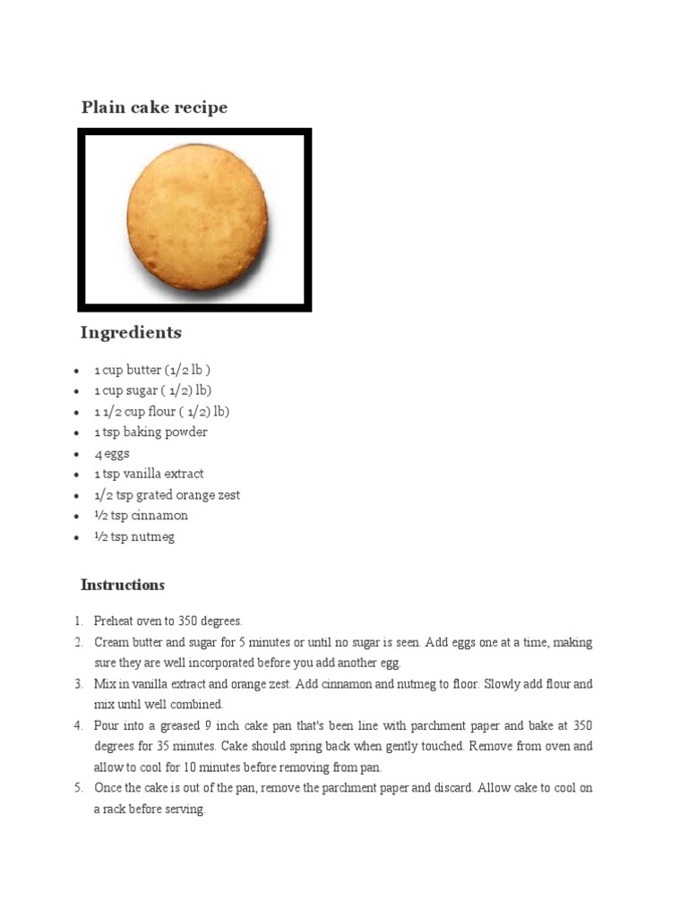 Plain Cake Recipe PDF