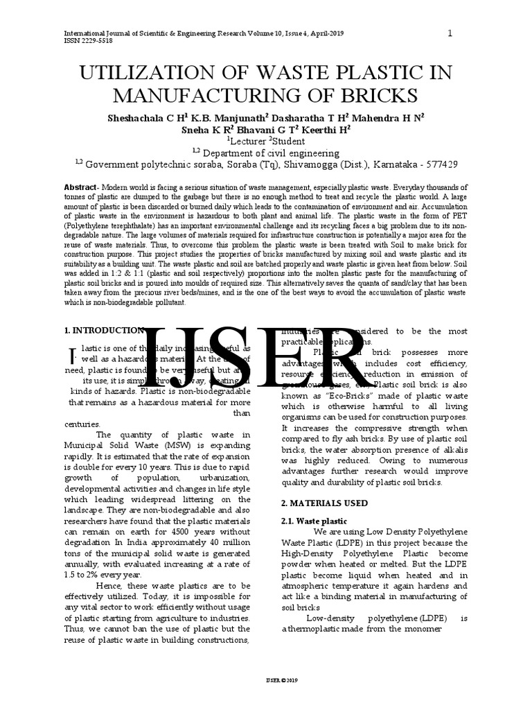 Utilization of Waste Plastic in Manufacturing of Bricks | PDF | Plastic ...
