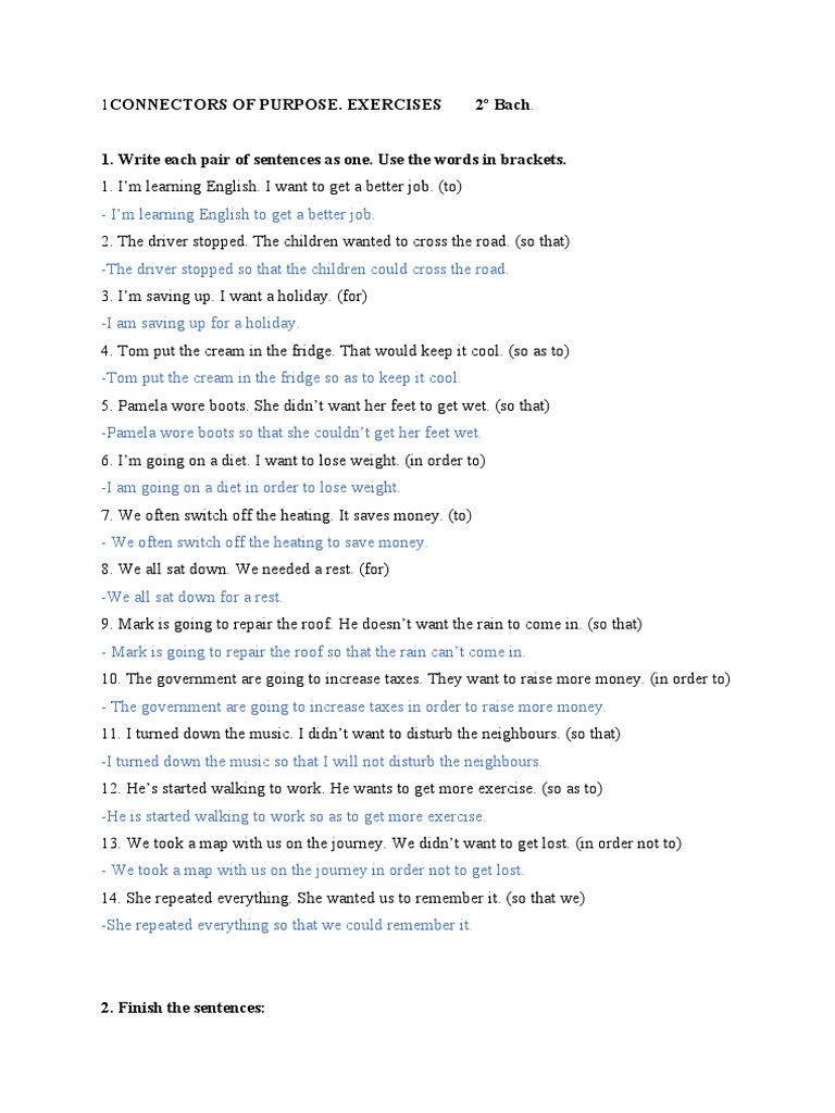 Connectors of Purpose, Exercises. 2 Bach Resueltos PDF