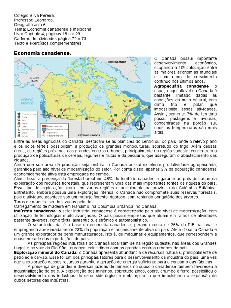 Cópia de 8 Ano Aula 6 Economia CanadÃ¡ e MÃ©xico PDF Canadá