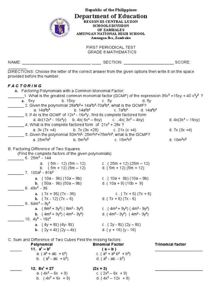 Periodical Test Math 8 PDF Rational Number Factorization
