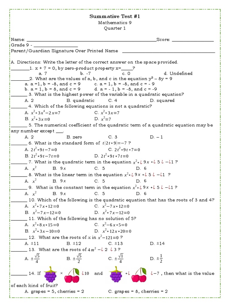 Grade 9 Mathematics Summative Test | PDF | Quadratic Equation ...