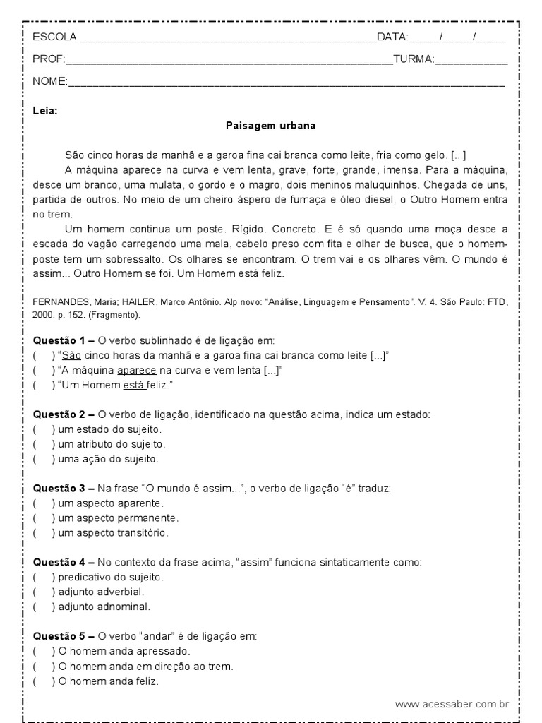 Atividade de Portugues Questoes Sobre Verbo de Ligacao 8º Ano Word | PDF