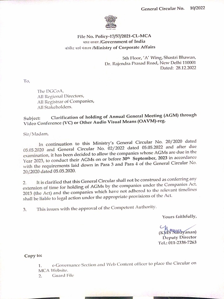 MCA General Circular No. 10 2022 | PDF