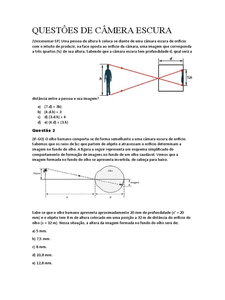 Exercícios de Câmara Escura | PDF | Câmera | Olho