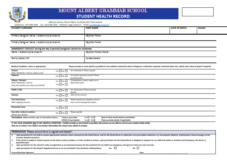 Student Health Record Form | PDF | Nursing | Caregiver