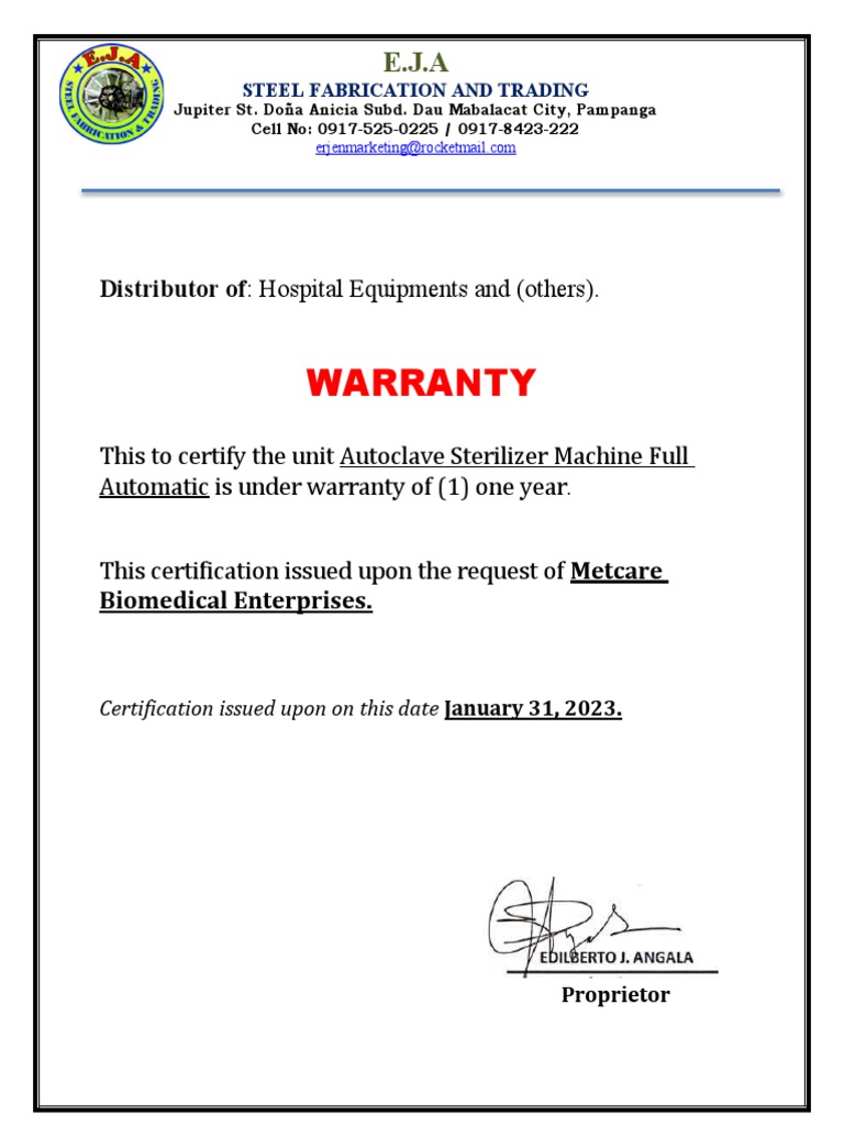 Warranty Certificate PDF