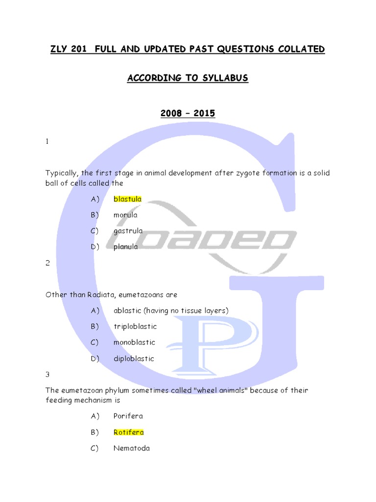 Zly 201 Past Questions 2015 | PDF | Invertebrate | Organisms