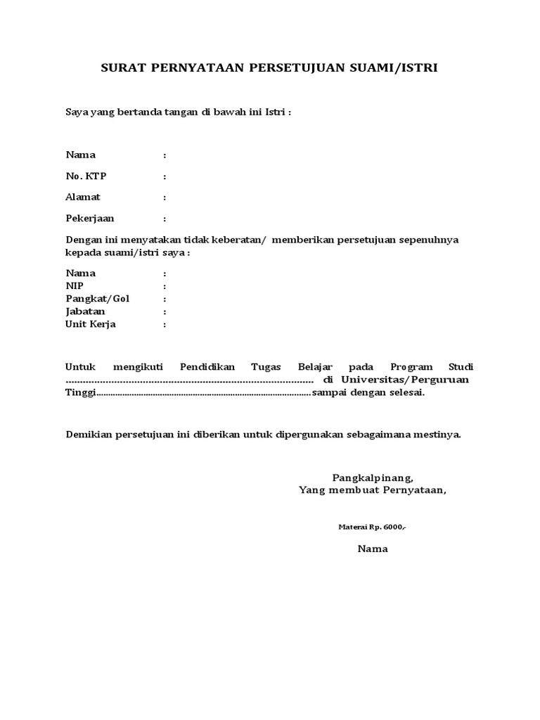 Surat Pernyataan Persetujuan Suami Atau Istri | PDF