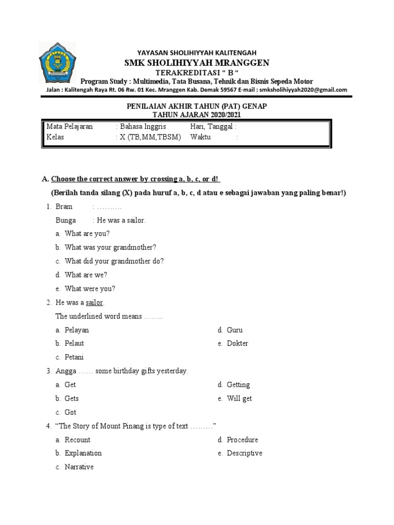 English PAT Questions for SMK Sholihiyyah | PDF | Linguistics
