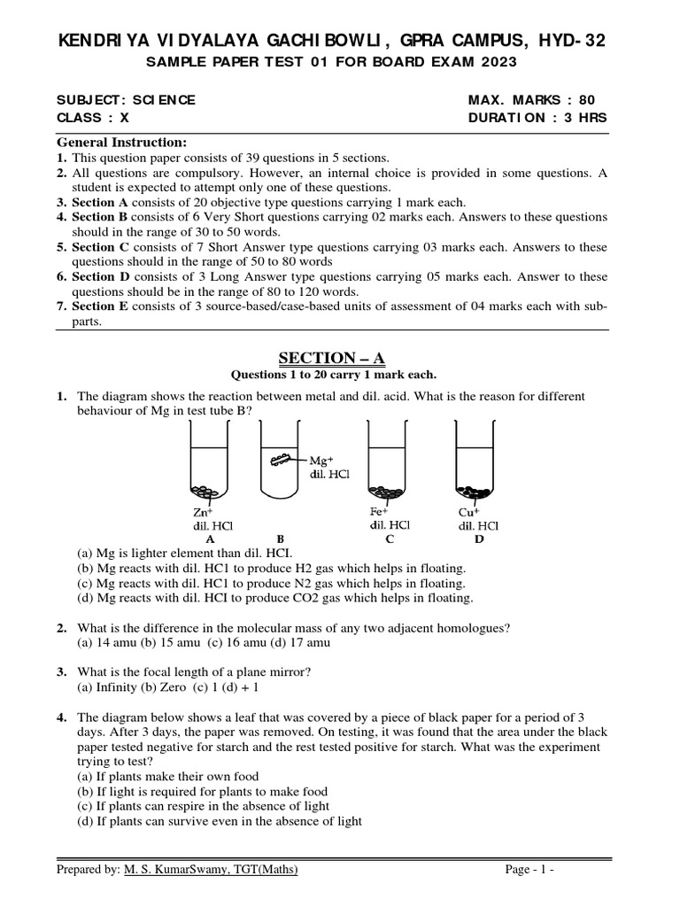 Science Class X Sample Paper Test 01 For Board Exam 2023 1 PDF Ph