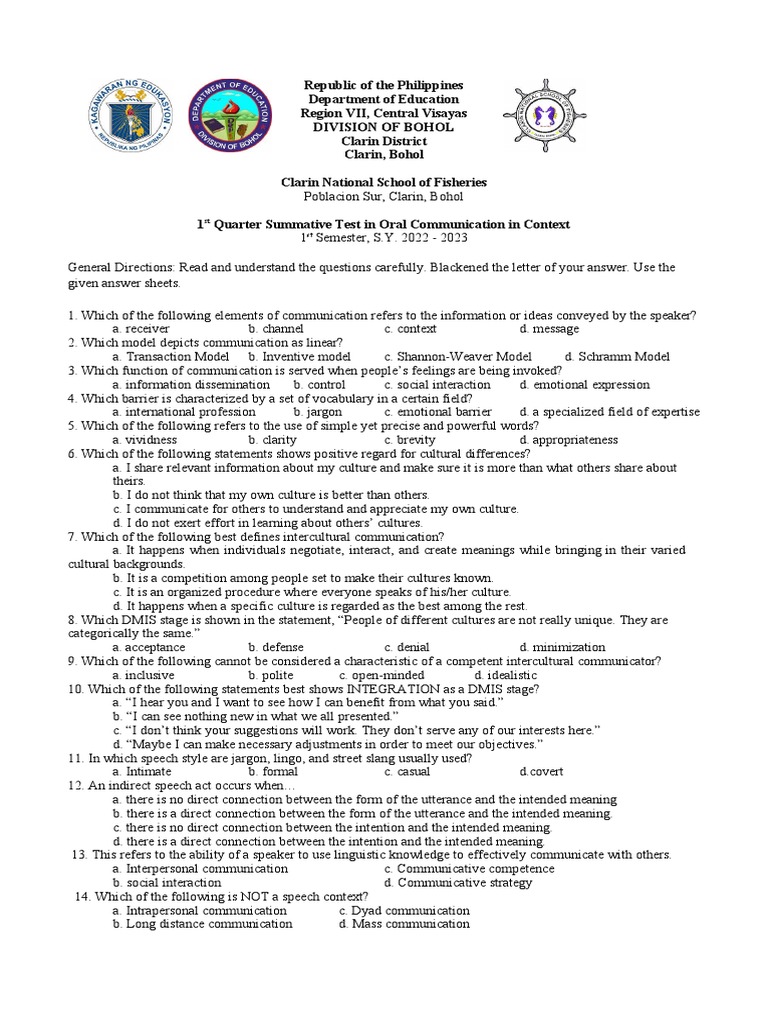 1st Quarter Summative Test in Oral Communication PDF Communication