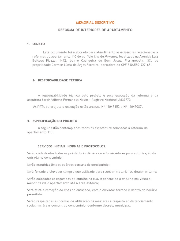 Memorial Descritivo de Reforma de Apartamento | PDF | Chuveiro | Banheiro