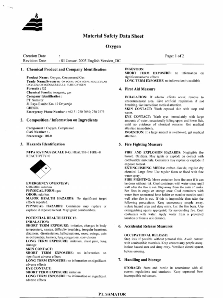 MSDS Oxygen | PDF
