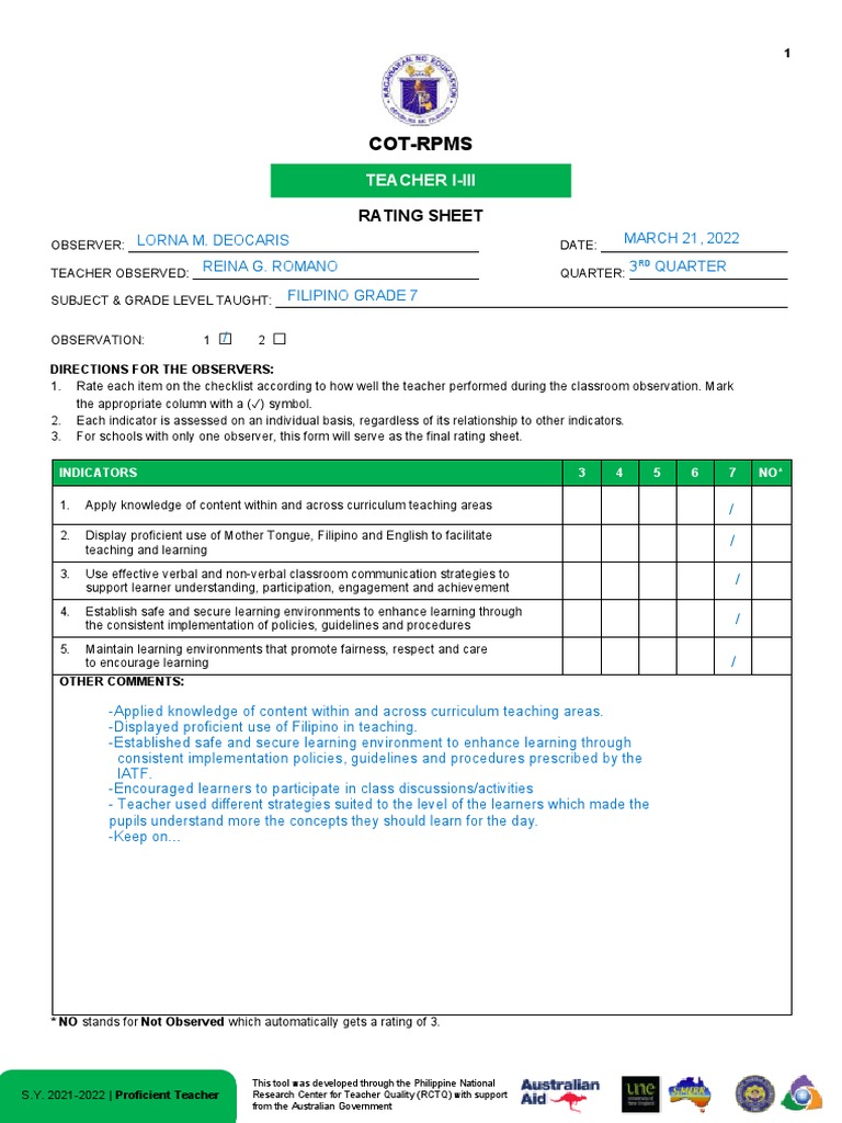 Classroom Observation Tool in Filipino | PDF | Learning | Teachers