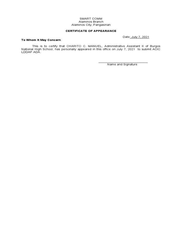 Documents Certificate Of Appearance Printable