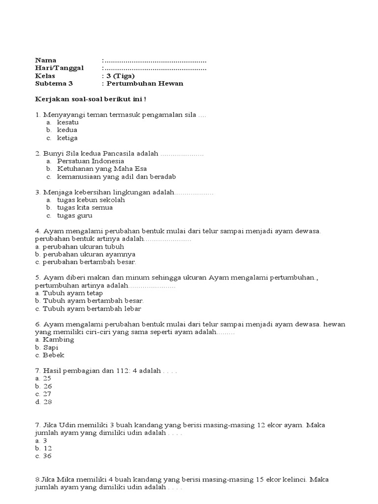 Soal Pertumbuhan Hewan Kelas 3 | PDF