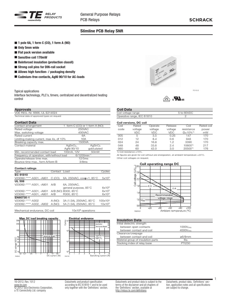 Schrack Slimline PCB Relay SNR General Purpose Relays PCB Relays PDF