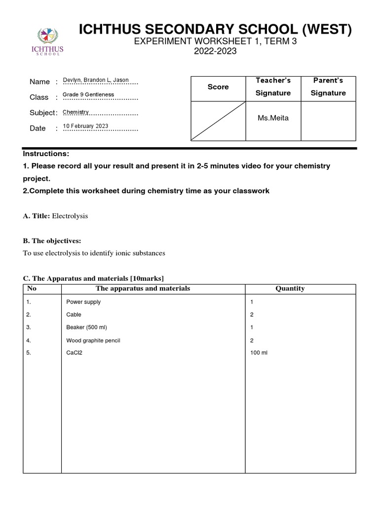 Ws Experiment Electrolysis Pdf Anode Electrolyte