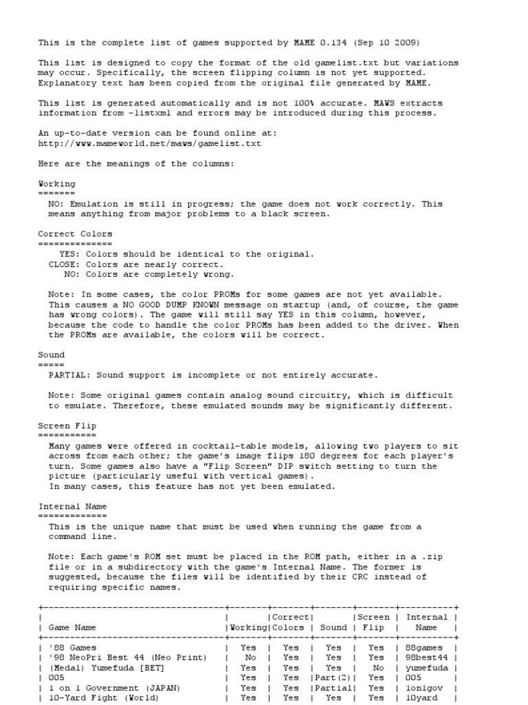 List of Games Supported by MAME 0134 | PDF | Video Games | Leisure, image size:768x1024