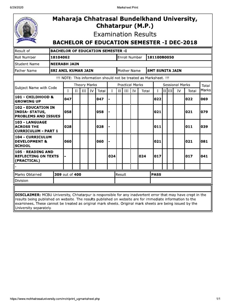 B.ed 1st Sem Marksheet | PDF