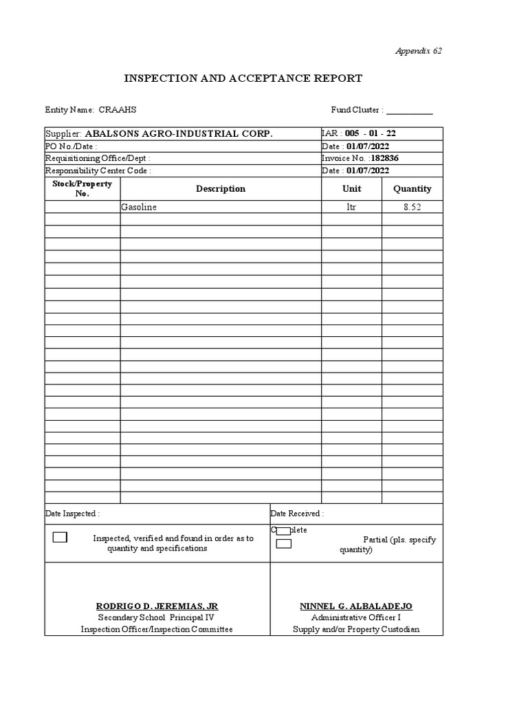 Inspection and Acceptance Report Supplier Abalsons AgroIndustrial Corp PDF