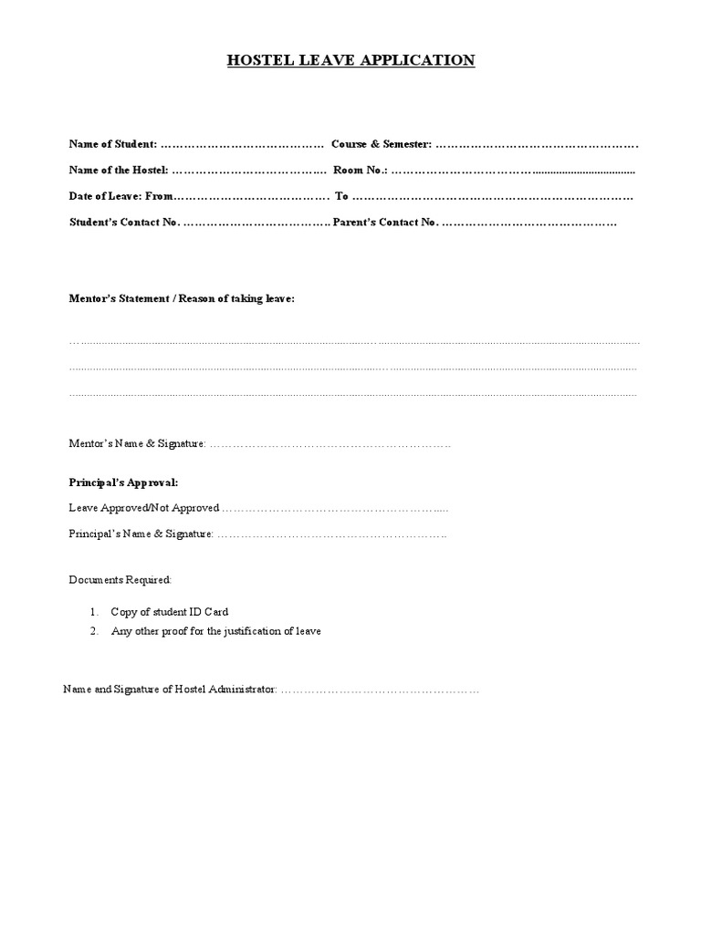 Permanent Hostel Leave Application
