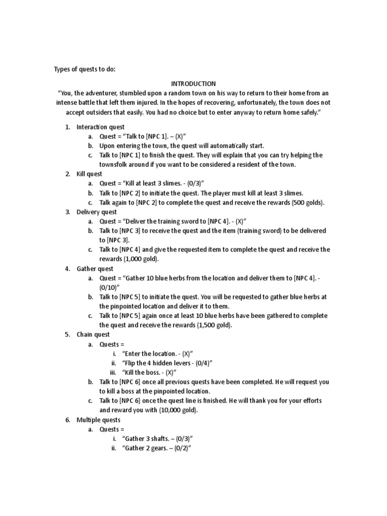 Types of Quests To Do PDF Gaming Role Playing Video Games