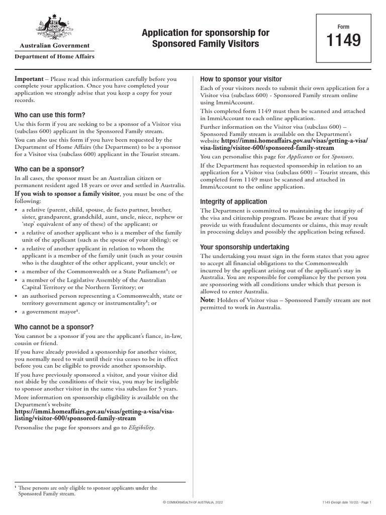 Application For Sponsorship For Sponsored Family Visitors How To
