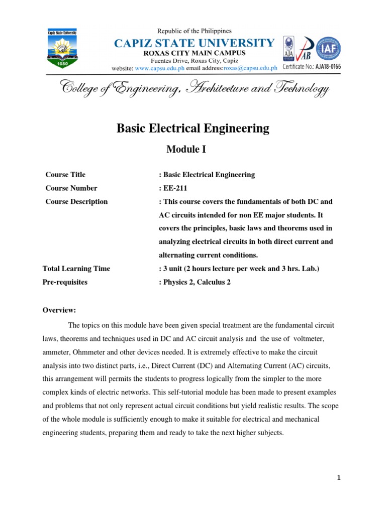 Module in EE 211 Basic Electrical Engineering | PDF | Electrical ...