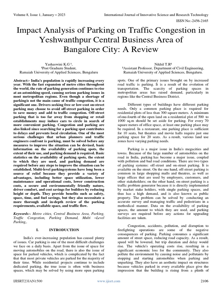 Impact Analysis of Parking On Traffic Congestion in Yeshwanthpur ...