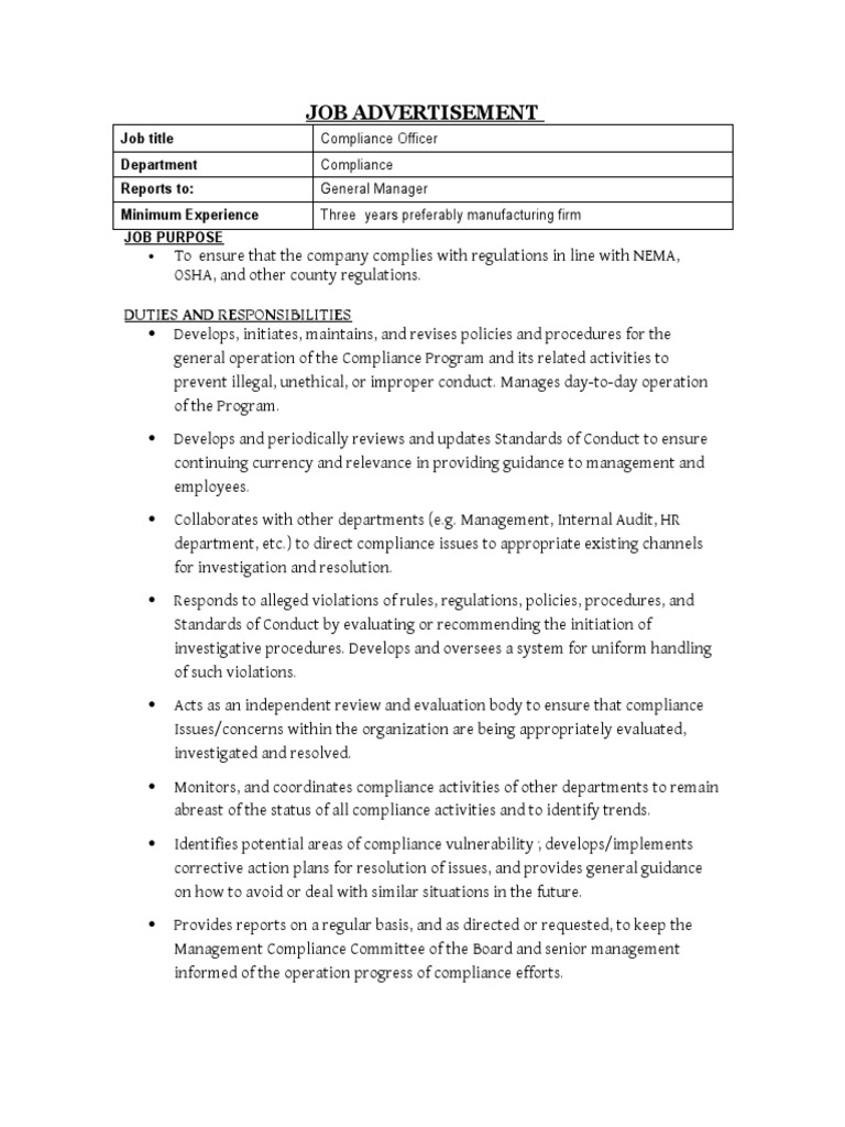 Compliance Job Advert 2023 PDF Regulatory Compliance Occupational