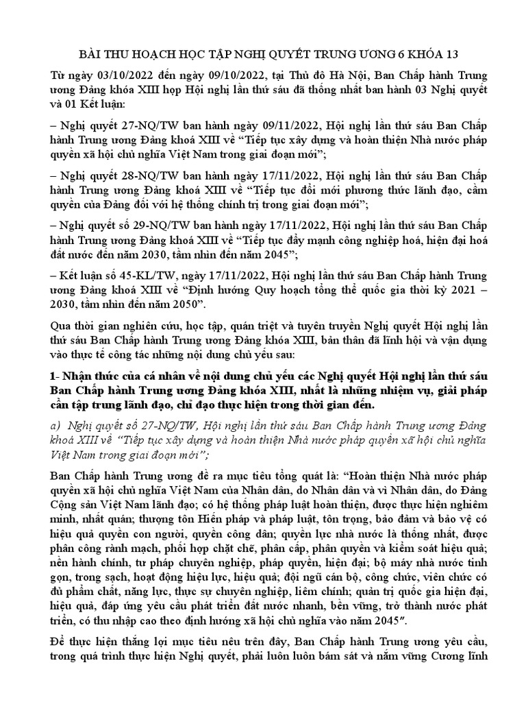 BÀI THU HOẠCH HỌC TẬP NGHỊ QUYẾT TRUNG ƯƠNG 6 KHÓA 13 | PDF