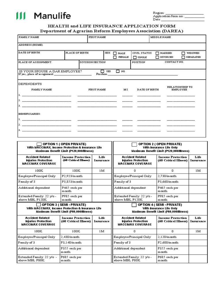 Manulife Application Form 2023 New PDF Insurance Service Industries