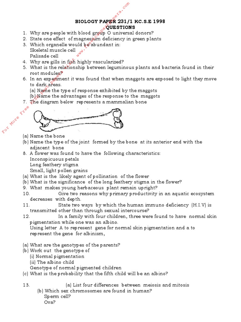 Kcse 1998 Biology P1 Pdf Flowers Plants